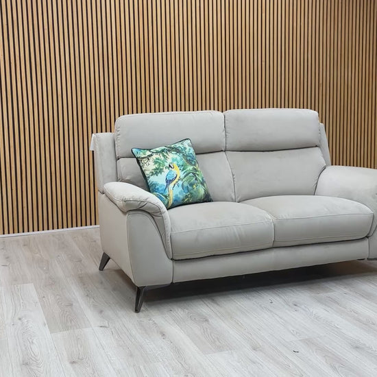 Product video tour of the ‘Contempo’ Light Khaki Velvet 2-Seater Sofa, demonstrating the soft fabric sheen, cushion resilience, and sturdy build quality.