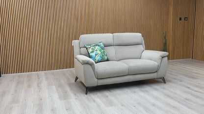 Product video tour of the ‘Contempo’ Light Khaki Velvet 2-Seater Sofa, demonstrating the soft fabric sheen, cushion resilience, and sturdy build quality.