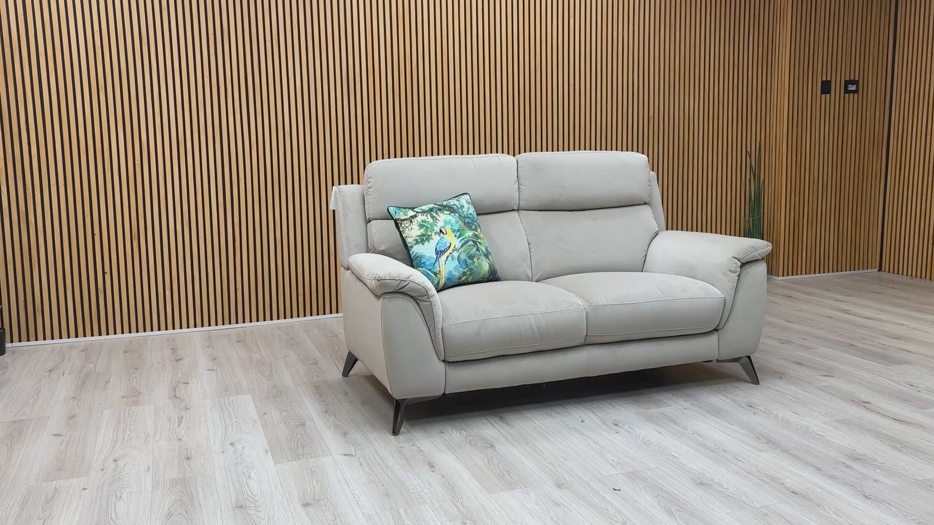 Product video tour of the ‘Contempo’ Light Khaki Velvet 2-Seater Sofa, demonstrating the soft fabric sheen, cushion resilience, and sturdy build quality.