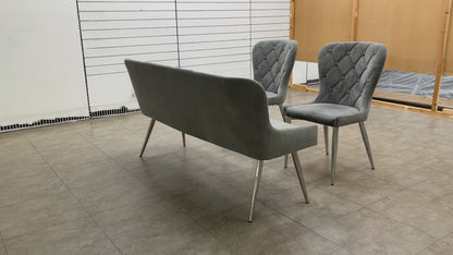 ‘Donnie’ Silver Velvet Dining Bench + 2 Chairs