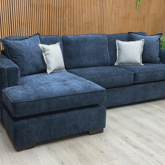 Video of size, fabric texture, and features of the 'Chelsea' Navy Blue Paso Chenille Corner Chaise.