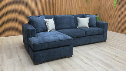 Video of size, fabric texture, and features of the 'Chelsea' Navy Blue Paso Chenille Corner Chaise.