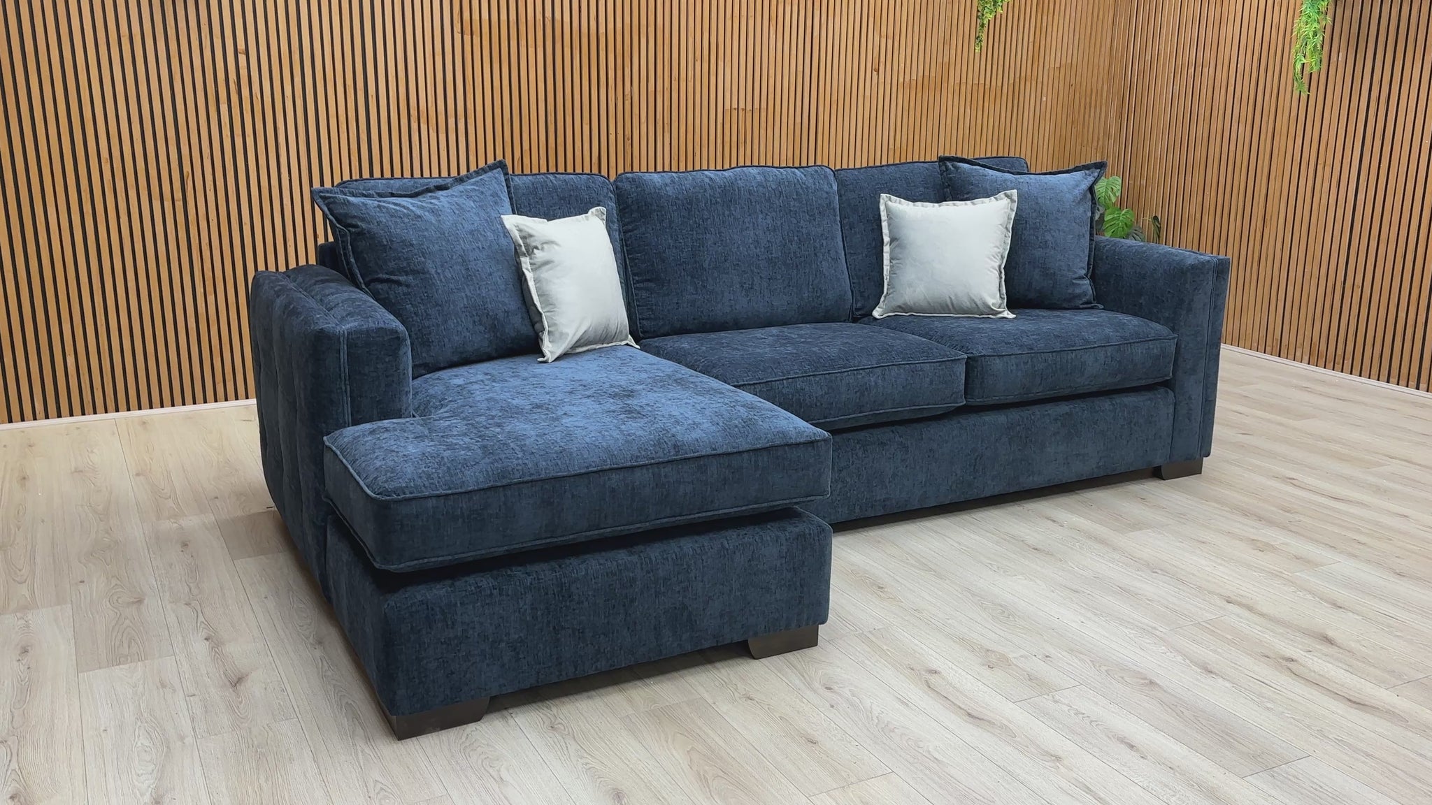 Video of size, fabric texture, and features of the 'Chelsea' Navy Blue Paso Chenille Corner Chaise.