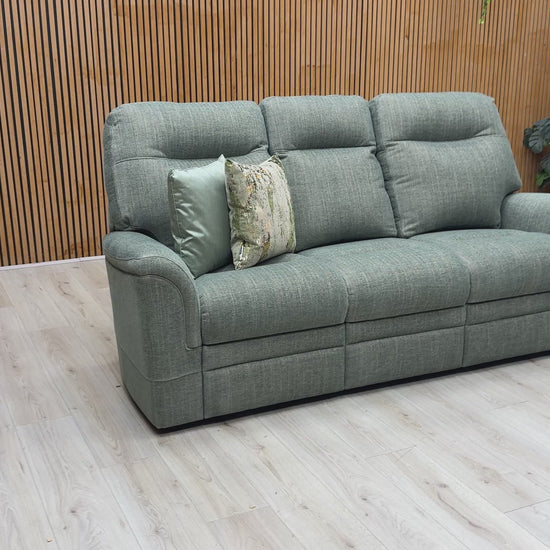 Product video tour of the Parker Knoll ‘Hudson 23’ Sierra Conifer Green Fabric 3 Seater Sofa, demonstrating the supportive seat depth, high back cushioning, and overall build quality.