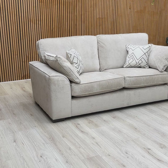 Product video showcasing the Harvey 3-seater sofa in Truffle soft weave fabric, focusing on the fabric texture and medium-firm comfort.