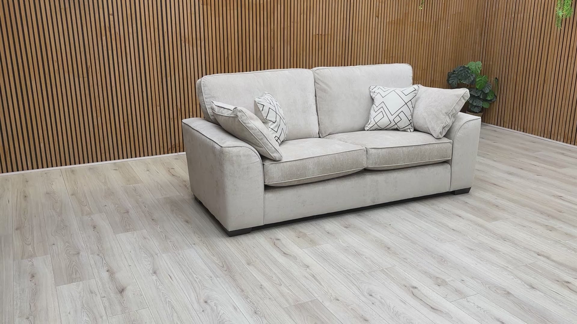 Product video showcasing the Harvey 3-seater sofa in Truffle soft weave fabric, focusing on the fabric texture and medium-firm comfort.