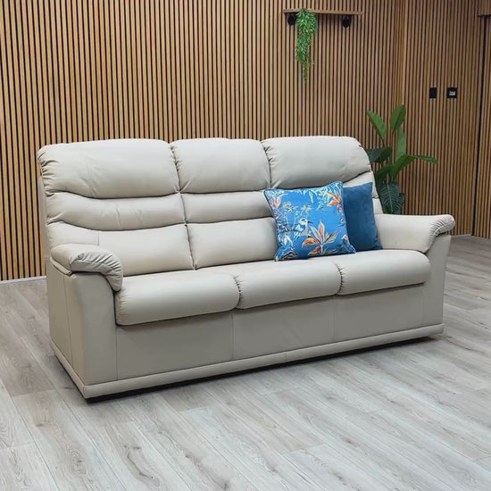 Video Of ‘G Plan Malvern’ contemporary 3+3 seater sofa set, showcasing two identical three-seater sofas beautifully tailored in luxurious L840 Cambridge Chalk leather.