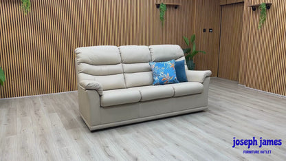 Video Of ‘G Plan Malvern’ contemporary 3+3 seater sofa set, showcasing two identical three-seater sofas beautifully tailored in luxurious L840 Cambridge Chalk leather.