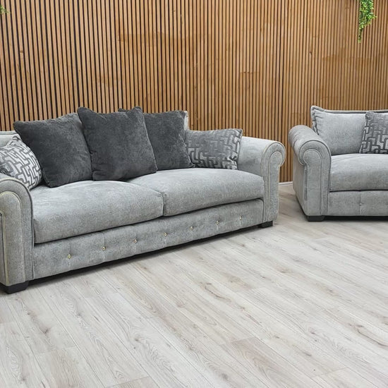 Video preview demonstrating the size, style, and features of the Alexander & James Sumptuous Suave Dove Sofa and Snuggler set.