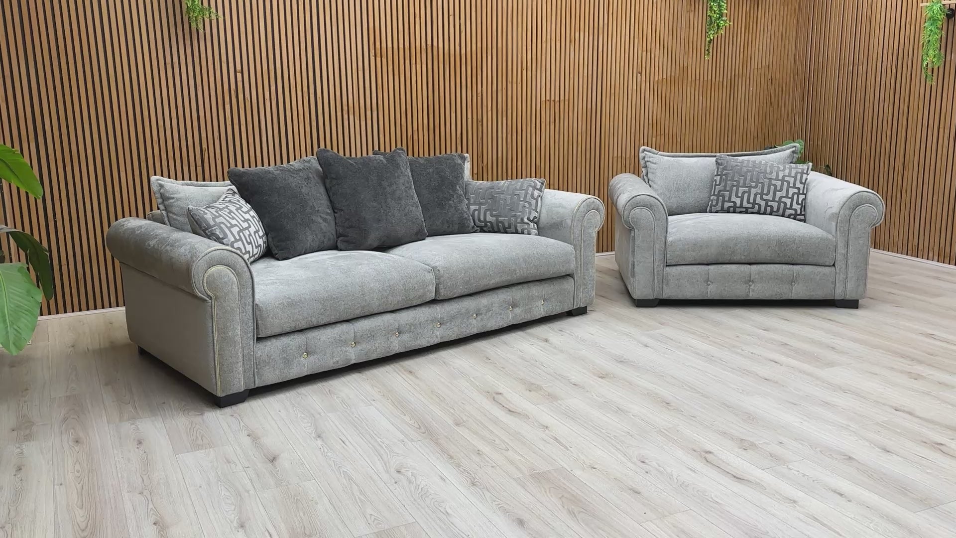 Video preview demonstrating the size, style, and features of the Alexander & James Sumptuous Suave Dove Sofa and Snuggler set.