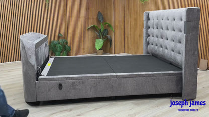 'Sonic' Dark Grey Velvet Fabric Smart Electric End Lift Ottoman TV Bed Frame with Dolby Atmos - King