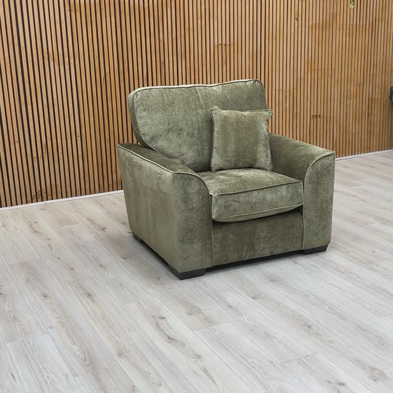 Video tour of the 'Harvey' soft weave armchair, showcasing the Derwent fabric's quality and the chair's medium-firm seating comfort.