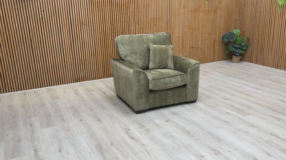 Video tour of the 'Harvey' soft weave armchair, showcasing the Derwent fabric's quality and the chair's medium-firm seating comfort.