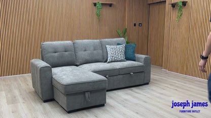 ‘Terry’ Grey Fabric Reversible Corner Sofa Bed with Storage Chaise