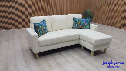 Video Of ‘Pad’ compact left-hand facing corner sofa, beautifully tailored in soft, textured natural cream fabric upholstery.