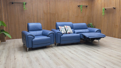 ‘Vino’ Cat-40_12 Aegean Blue Leather 3 Seater Power Recliner Sofa with Power Headrests and Heated Seats + Power Chair