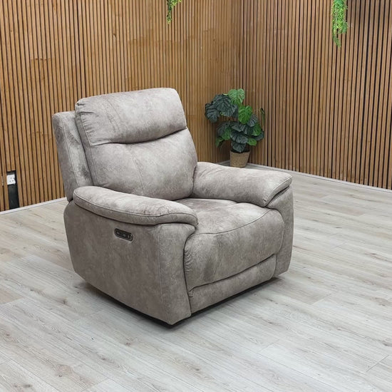 Product video tour of the ‘Sloane’ Marble Charcoal Velvet Power Recliner, demonstrating the smooth, quiet recline motion and independent footrest adjustment.