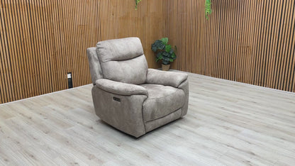 Product video tour of the ‘Sloane’ Marble Charcoal Velvet Power Recliner, demonstrating the smooth, quiet recline motion and independent footrest adjustment.