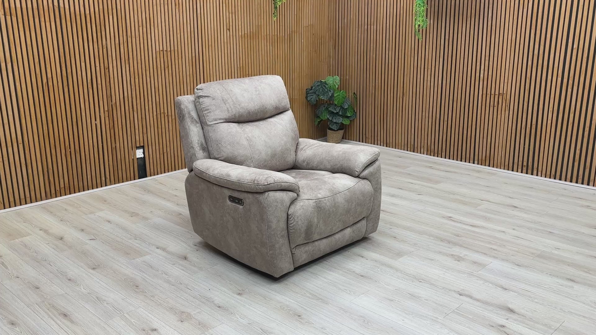 Product video tour of the ‘Sloane’ Marble Charcoal Velvet Power Recliner, demonstrating the smooth, quiet recline motion and independent footrest adjustment.