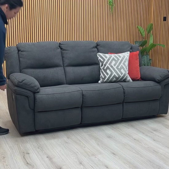 Video Of ‘Albion’ contemporary 3-seater manual recliner sofa, beautifully tailored in ultra-soft, textured Grey Chenille fabric.