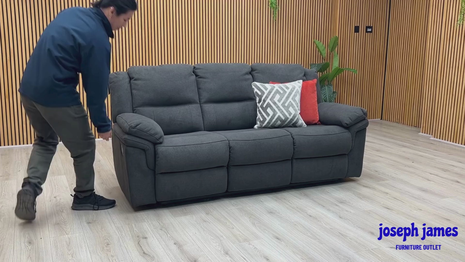 Video Of ‘Albion’ contemporary 3-seater manual recliner sofa, beautifully tailored in ultra-soft, textured Grey Chenille fabric.