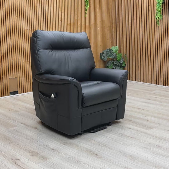 Product video tour of the ‘Hudson’ Como Black Leather Lift and Rise Chair, demonstrating the smooth lifting action and reclining functionality.