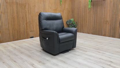 Product video tour of the ‘Hudson’ Como Black Leather Lift and Rise Chair, demonstrating the smooth lifting action and reclining functionality.