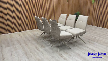 ‘Mirage’ Ceramic Top 180cm Large Pop Up Extending Dining Table with Neutral Fabric Swivel Armless Dining Chairs - Set of 6
