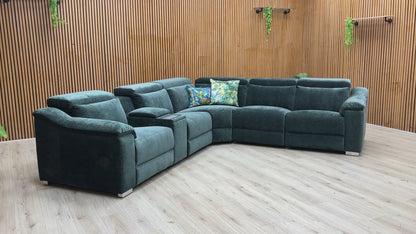 ‘Geneva’ Forest Green Fabric Large Power Recliner Corner Sofa with Power Headrests, Cup Holders, Bluetooth Speakers and Media Console