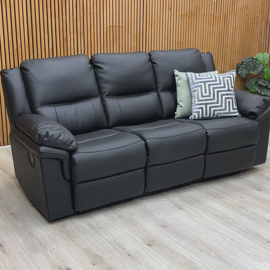 Product video tour of the ‘Albion’ Black Faux Leather 3 Seater Sofa, demonstrating the smooth manual recline function, material texture, and build quality.