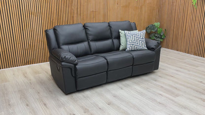 Product video tour of the ‘Albion’ Black Faux Leather 3 Seater Sofa, demonstrating the smooth manual recline function, material texture, and build quality.