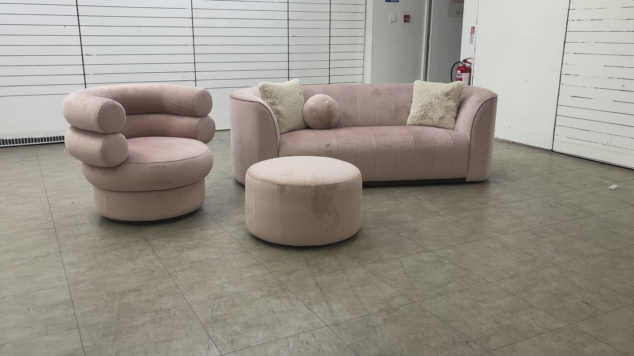  Video 'Fitzrovia' Matt Velvet Blush Mix 3-piece furniture set, featuring the plush foam-filled cushions.