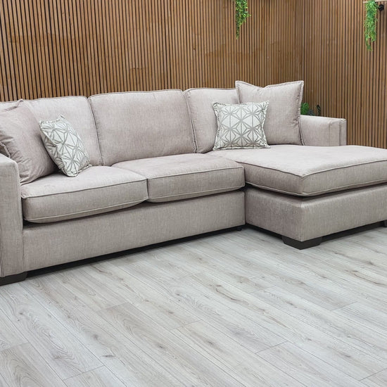 Video of size, fabric, and features of the 'Chelsea' Beige Vogue Velvet Corner Chaise.