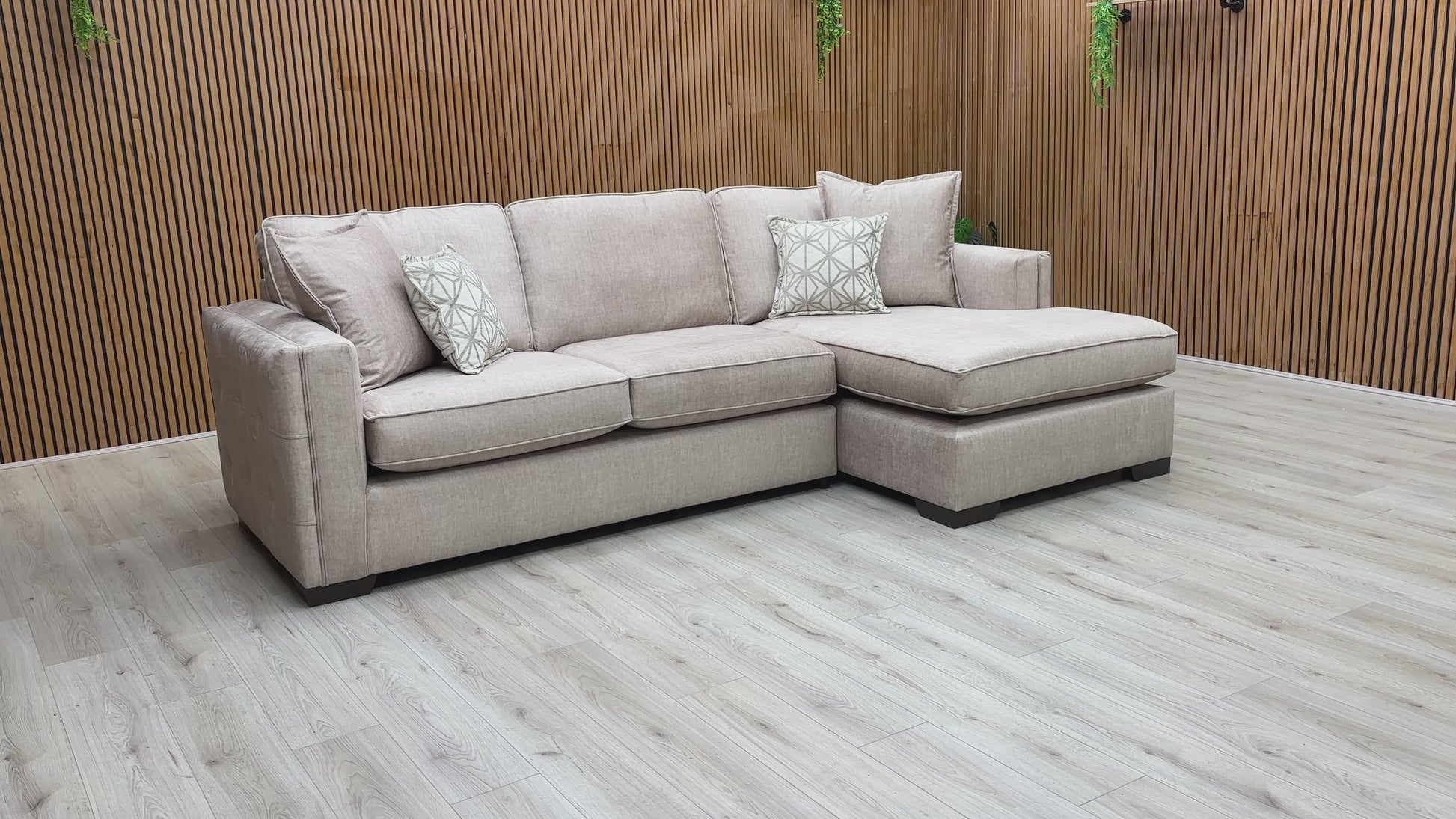 Video of size, fabric, and features of the 'Chelsea' Beige Vogue Velvet Corner Chaise.