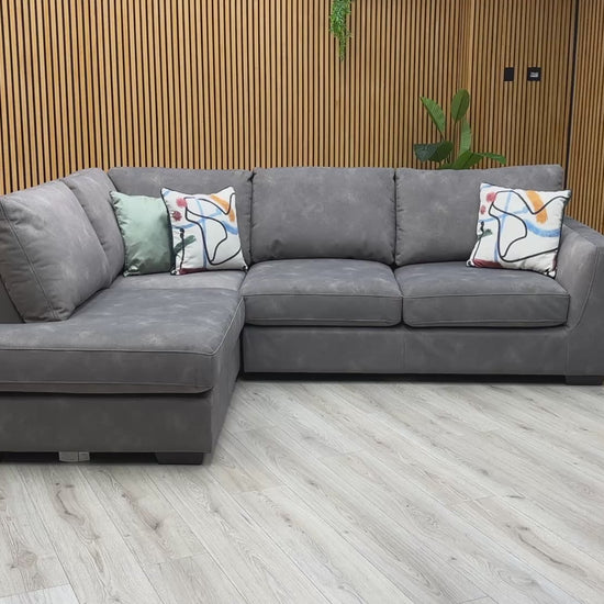 Video of Furniture Village ‘Dinky Dexter’ contemporary corner chaise end sofa, beautifully tailored in a modern mocha grey woven fabric.