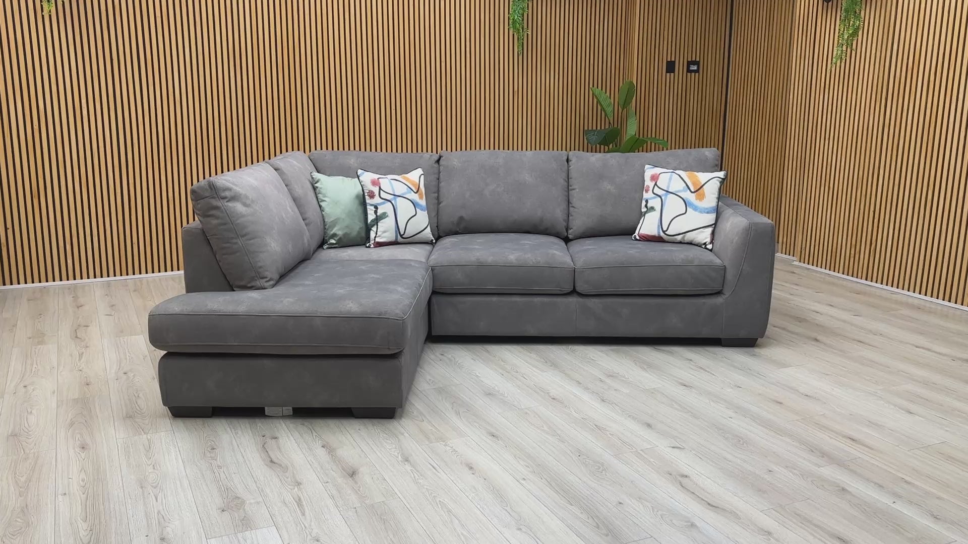 Video of Furniture Village ‘Dinky Dexter’ contemporary corner chaise end sofa, beautifully tailored in a modern mocha grey woven fabric.