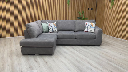 Video of Furniture Village ‘Dinky Dexter’ contemporary corner chaise end sofa, beautifully tailored in a modern mocha grey woven fabric.