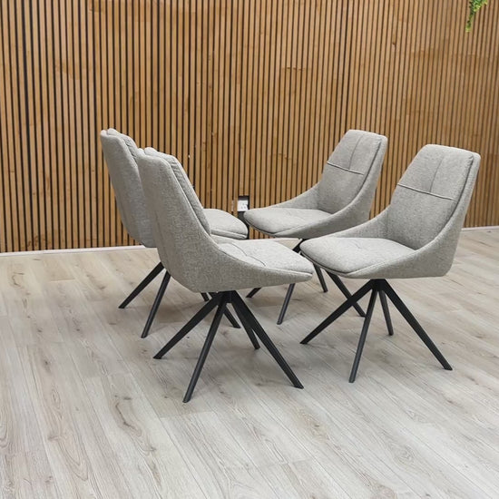 Video for a product video demonstrating the swivel movement and quality of the 'Jasmine' Latte Fabric Dining Chair.