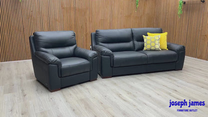 ‘Prenton’ Black Leather 3 Seater Sofa + Armchair Set