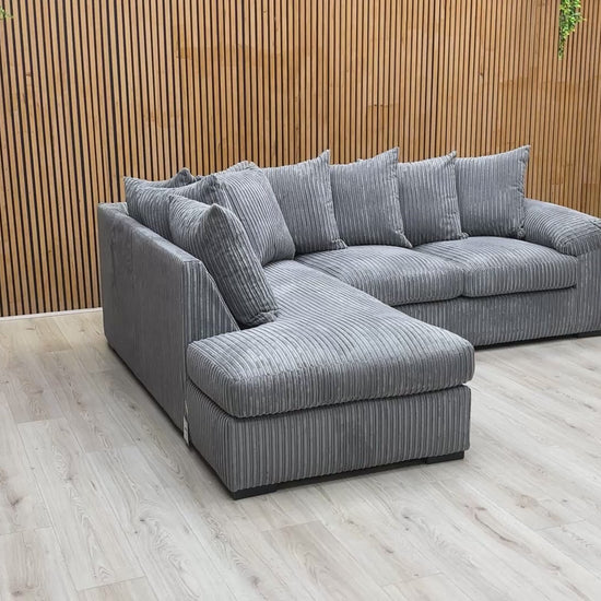 Video demonstration of the ‘Amalfi’ charcoal cord sofa, highlighting the fabric texture, cushion loft, and overall seating layout.
