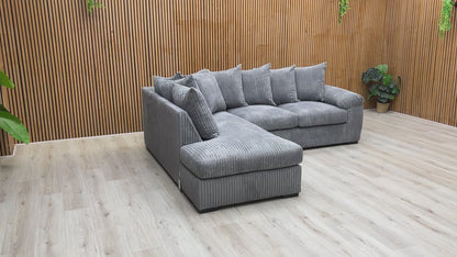 Video demonstration of the ‘Amalfi’ charcoal cord sofa, highlighting the fabric texture, cushion loft, and overall seating layout.