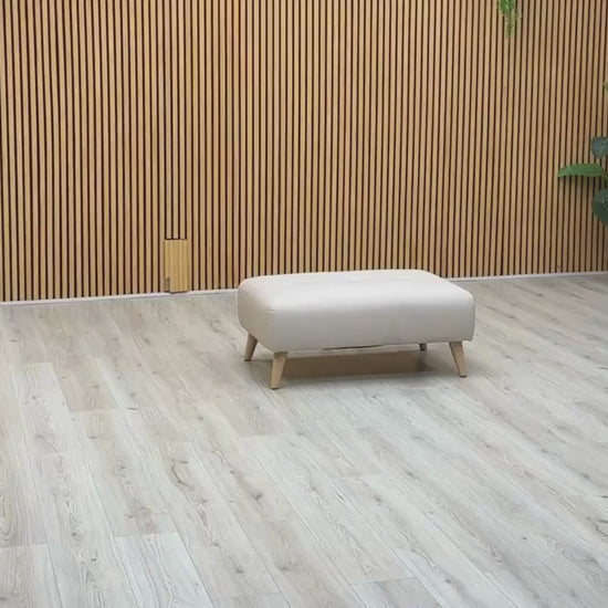 Video Of  ‘Penny’ contemporary rectangular bench stool, beautifully upholstered in a soft, neutral Beige fabric with clean modern tailoring lines.