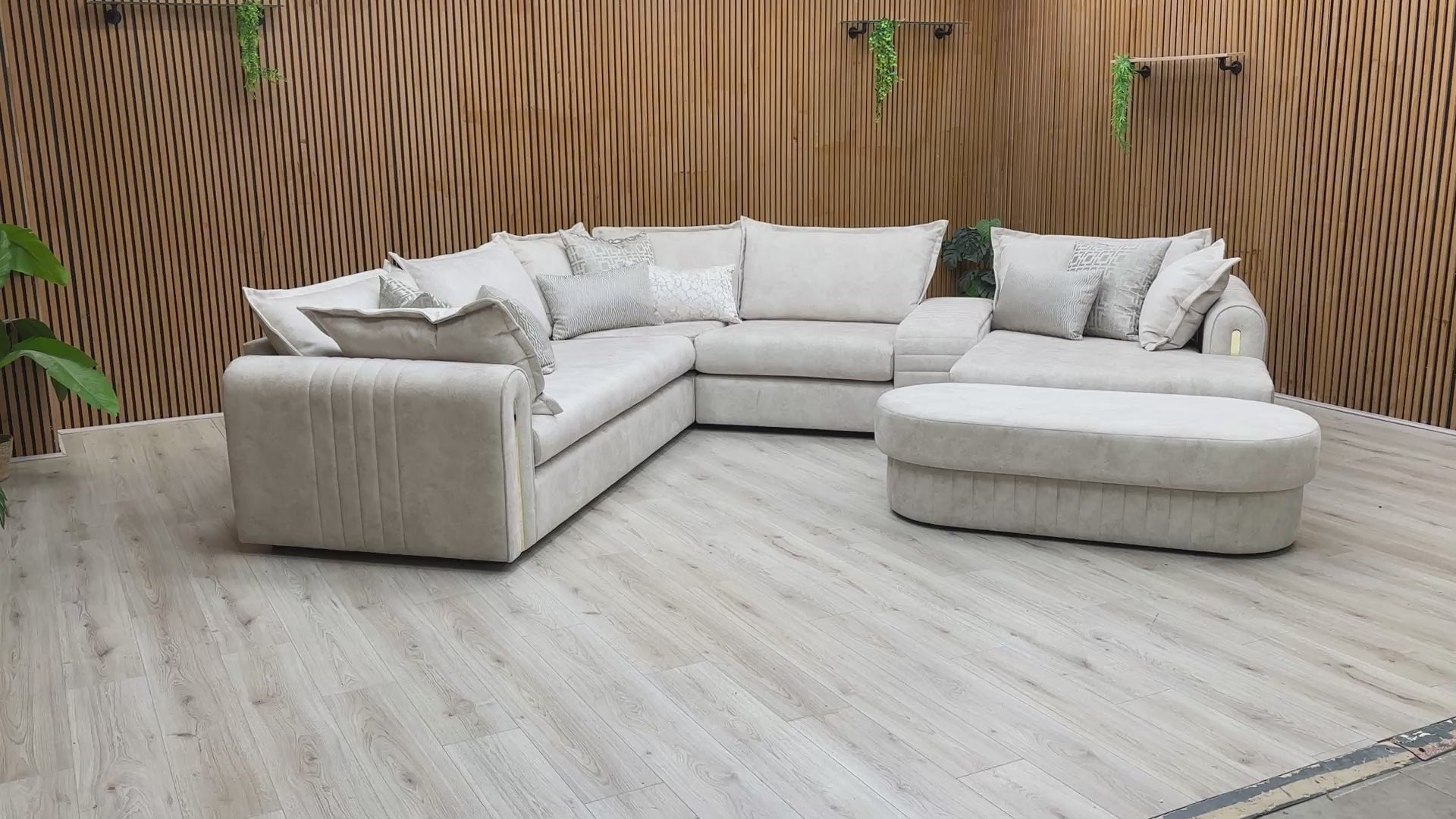 Video showing the spacious seating layout, plush velvet texture, and integrated center console of the Savoy sofa.