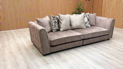 'Mariah' Dapple Velvet Chocolate-Tri Brass Insert Velvet Pillow Back 4 Seater Split Frame Sofa