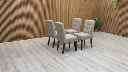 Video tour of the 'Akita' dining chairs, demonstrating the fabric quality and overall build.