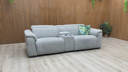 ‘Inca’ Anivia Light Grey Woven Fabric 3 Seater Power Recliner Sofa with Pop Up Light Console and Power Headrests