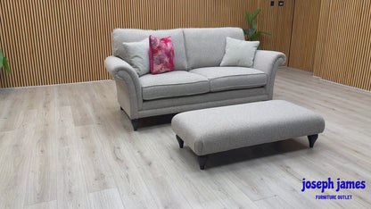 Parker Knoll 'Plaza' Fab Contour Smoke May Grey Fabric Large 2 Seater Classic Back Sofa + Banquette Footstool