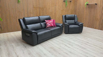 ‘Utah’ Natural Black Mica La4820 Leather 3 Seater Power Recliner Sofa with Power Headrests, Power Lumbar and Heated Seats + Power Recliner Armchair