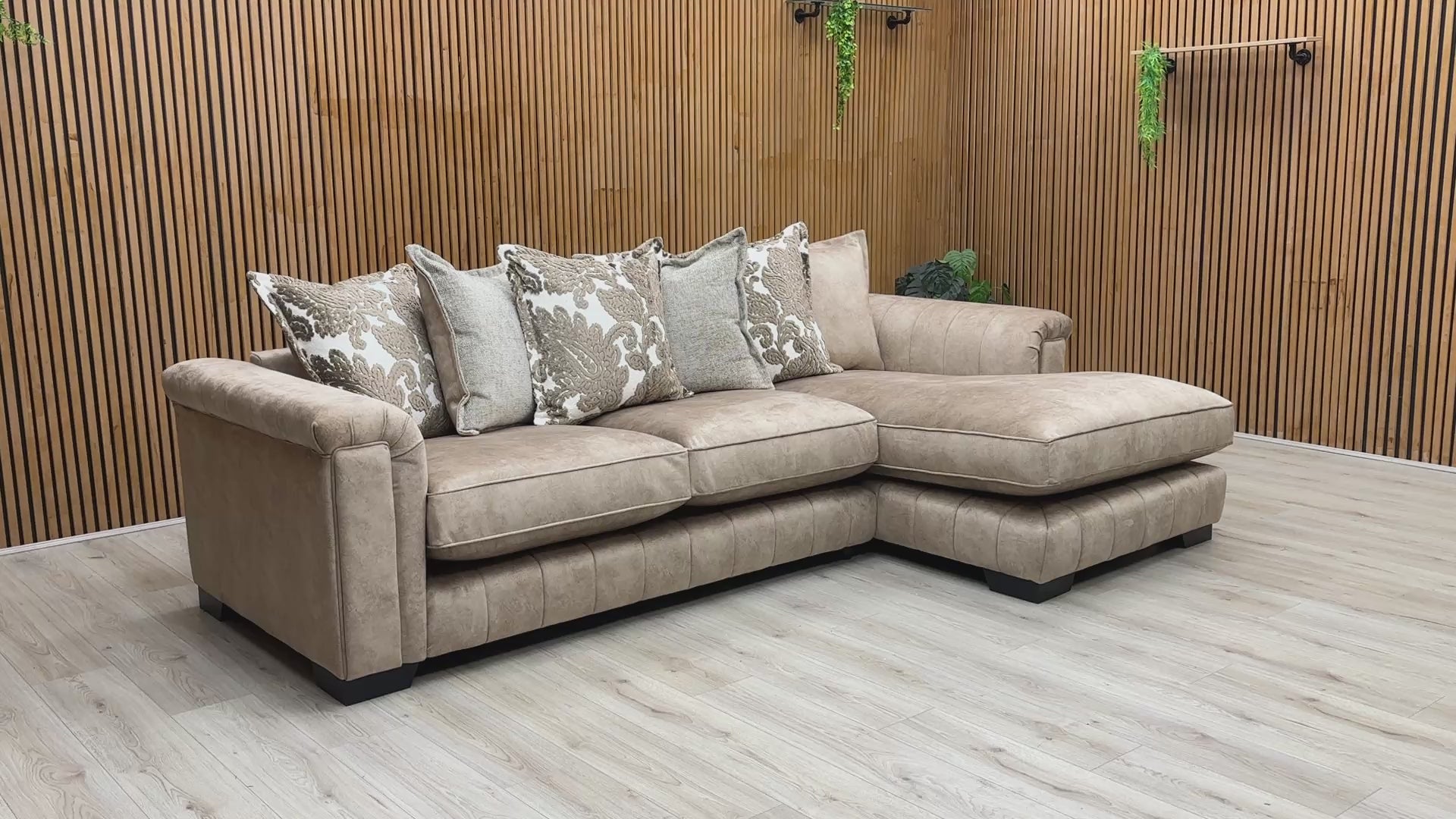 Video tour highlighting the soft texture, premium feather-like comfort of the pillow back arrangement, and fabric durability of the Dolcie caramel sofa.