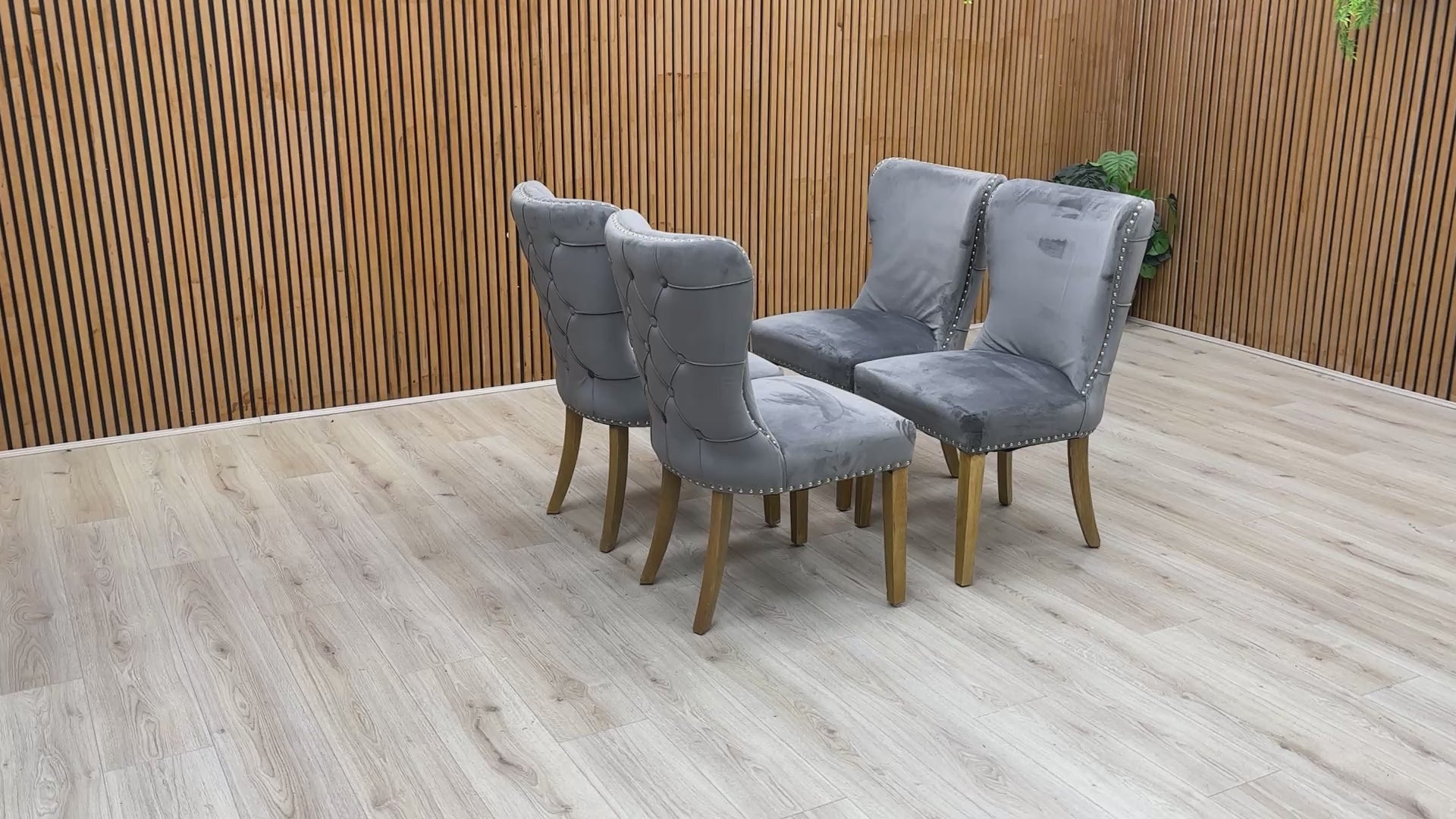 Product video tour of the ‘Chennai’ Grey Luxe Velvet Studded Dining Chairs, demonstrating the fabric’s shimmer, the sturdy frame build, and the high-quality finish.